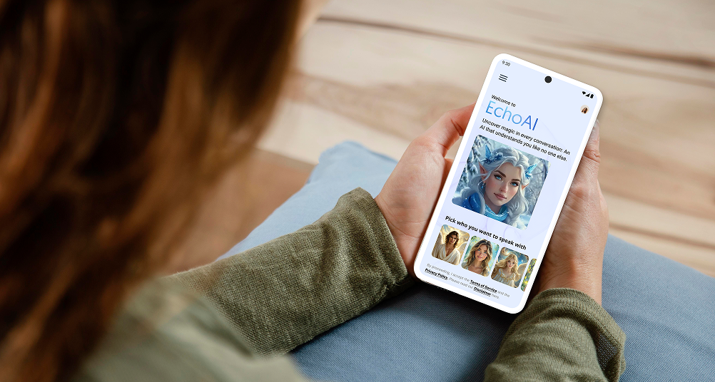 Woman holding phone showing the EchoAI app with explanatory text overlay.